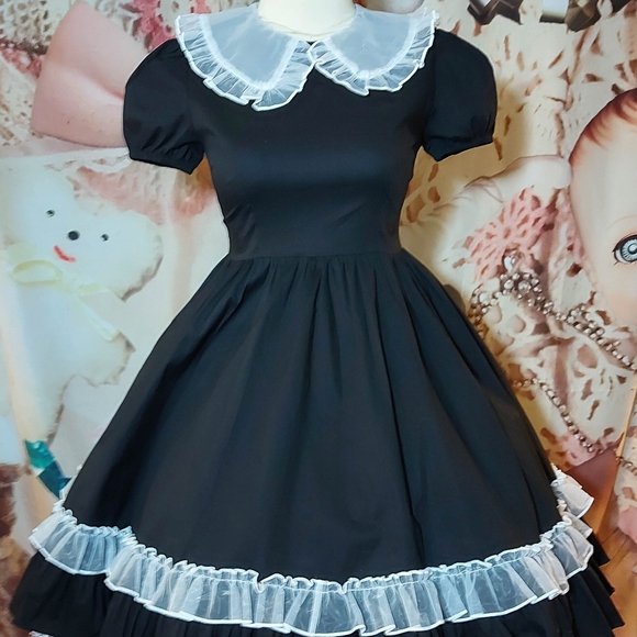 "Domestique" Black Cotton Maid Dress with Sheer Apron - Picture 5 of 12